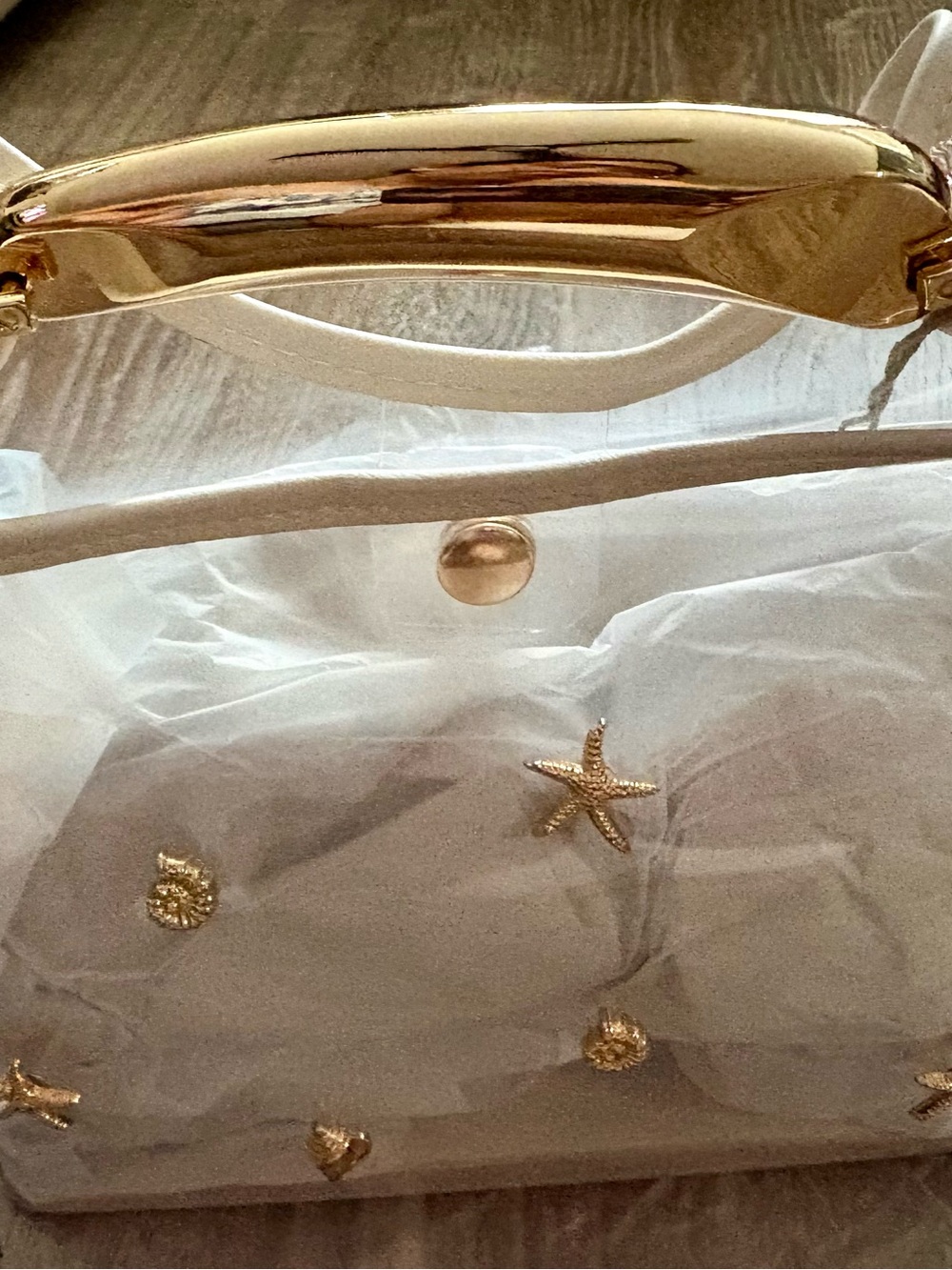 a new day Clear Tote with Cream Trim and Gold Starfish Embellishments